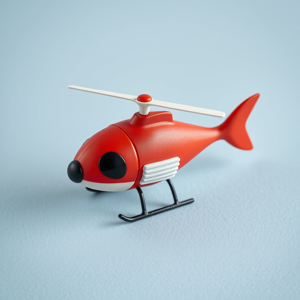 Model Of A Cartoonish Fish-Shaped Helicopter That Is Red And Has A Black Nose